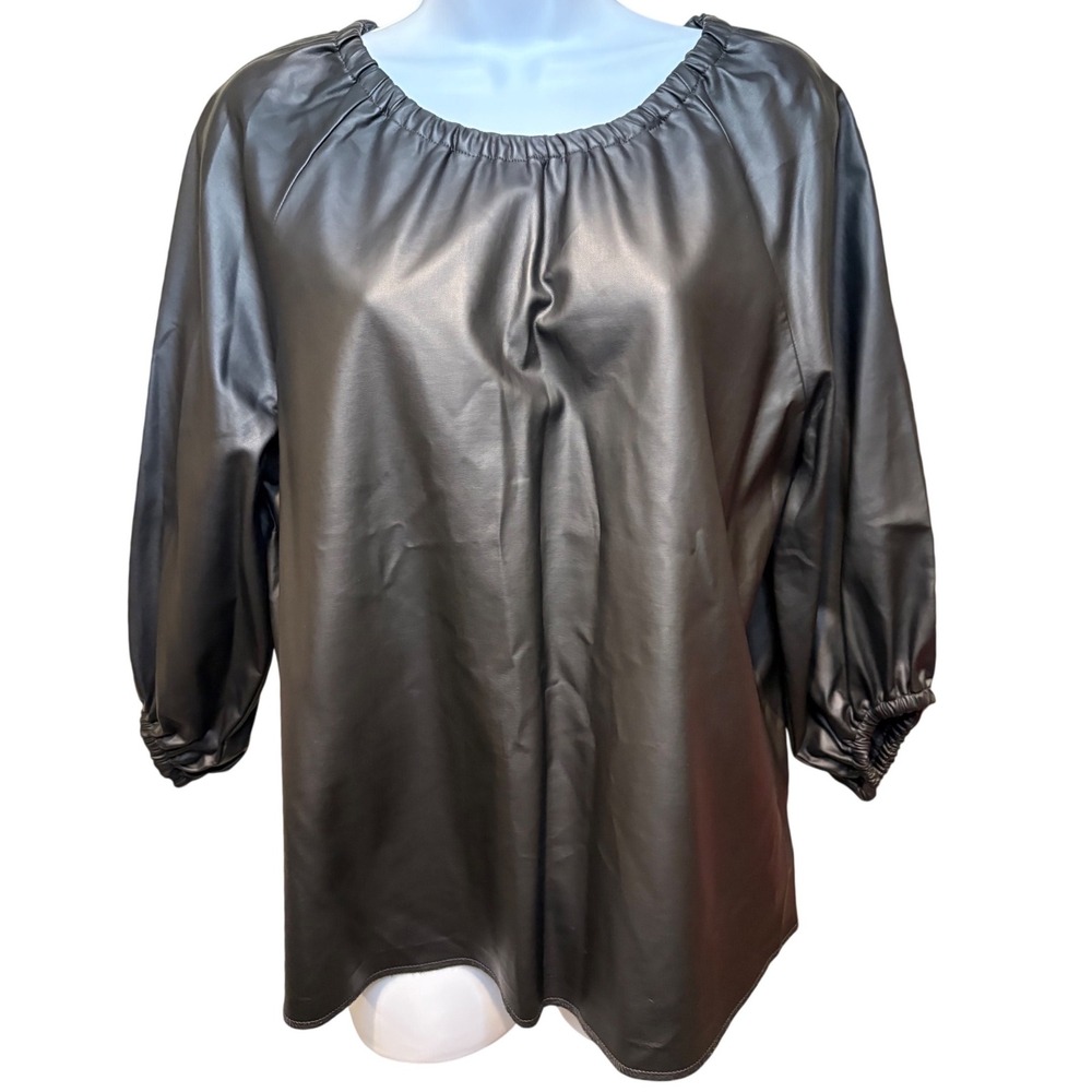BANANA REPUBLIC Black Faux Leather Puff Sleeve Blouse Sz M Edgy Sleek Minimalist